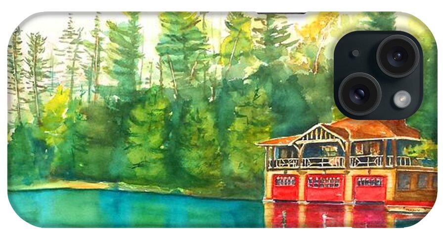Lake iPhone Case featuring the painting The Point Resort Boathouse Saranac Lake NY by Carlin Blahnik CarlinArtWatercolor