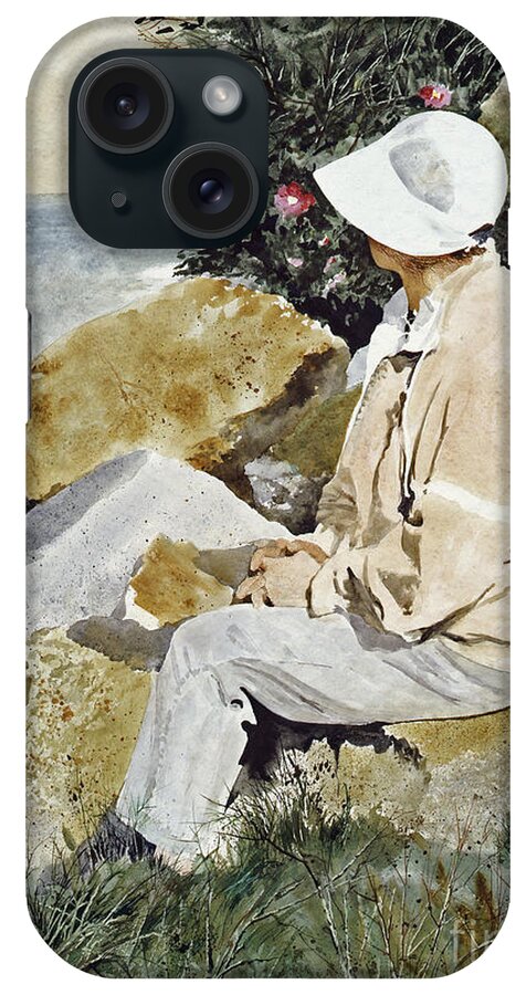 A Lady Enjoys A Moment Of Quiet Contemplation As She Sits On A Rock Near The Nubble Lighthouse In Maine. iPhone Case featuring the painting The Respite by Monte Toon