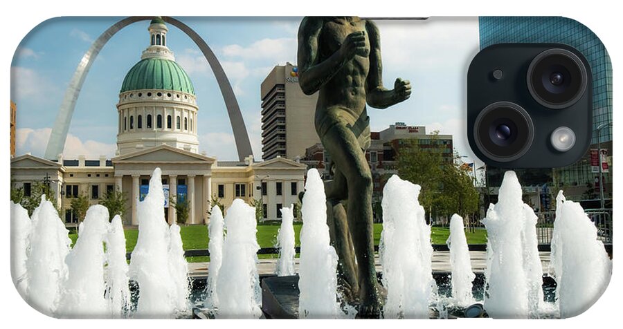 America iPhone Case featuring the photograph The Runner and Fountains - Saint Louis Skyline by Gregory Ballos