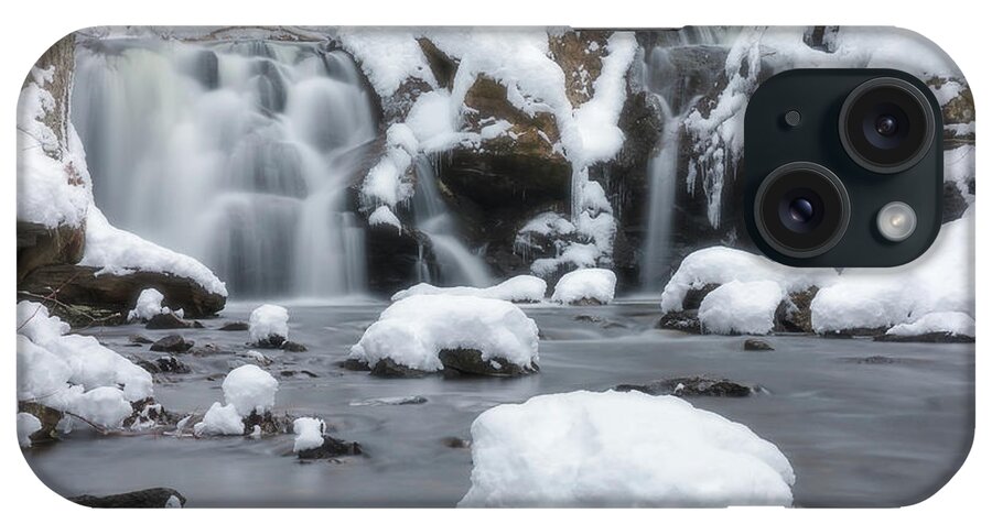 Rutland Ma Mass Massachusetts Waterfall Winter Snow Ice Water Falls Nature New England Newengland Outside Outdoors Natural Old Mill Site Woods Forest Secluded Hidden Secret Dreamy Long Exposure Brian Hale Brianhalephoto Snowing Peaceful Serene Serenity iPhone Case featuring the photograph The Secret Waterfall in Winter 1 by Brian Hale