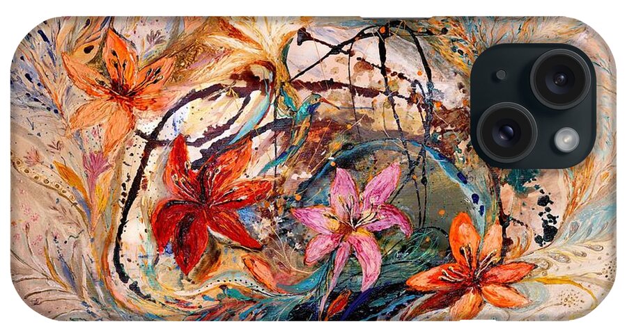 Modern Jewish Art iPhone Case featuring the painting The Splash Of Life 17. Humming-bird and exotic flowers by Elena Kotliarker