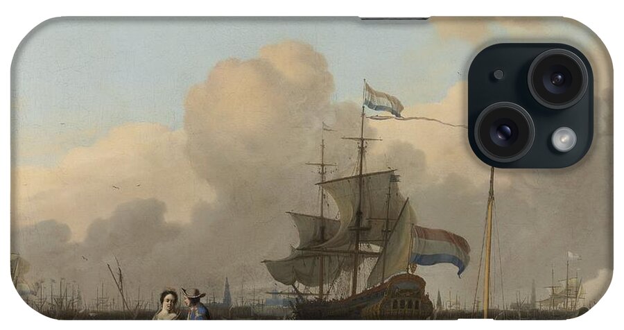 The Y At Amsterdam iPhone Case featuring the painting The Y at Amsterdam with the Frigate De Ploeg  Ludolf Bakhuysen 1680 1708 by Vintage Collectables