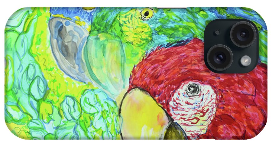 Silk Painting Birds Macaws iPhone Case featuring the painting Three Amigos by Susan Moody