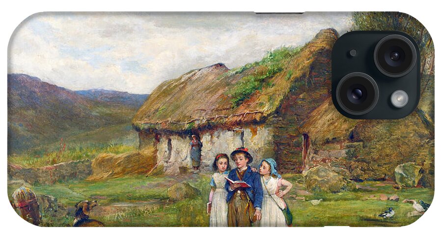 Carlton Alfred Smith - Three Children And A Dog Beside A Scottish Croft 1878 iPhone Case featuring the painting Three Children and a Dog Beside a Scottish Croft by MotionAge Designs