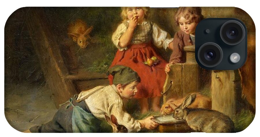 Felix Schlesinger iPhone Case featuring the painting Three Children Feeding Rabbits by Felix Schlesinger