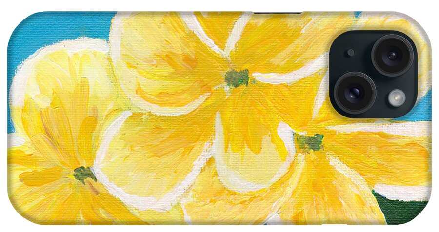 Yellow iPhone Case featuring the painting Three Flowers on Blue by Patricia Cleasby