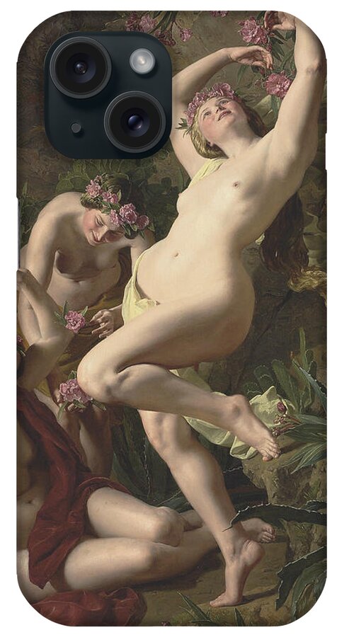 19th Century Art iPhone Case featuring the painting Three Graces Garlanded with Roses by Ferdinand Georg Waldmuller