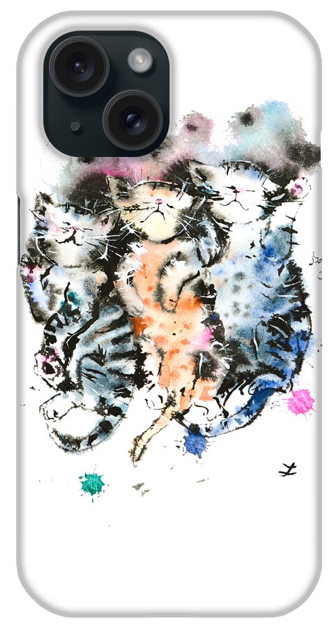Cat iPhone Case featuring the painting Three Sleeping Kittens by Zaira Dzhaubaeva