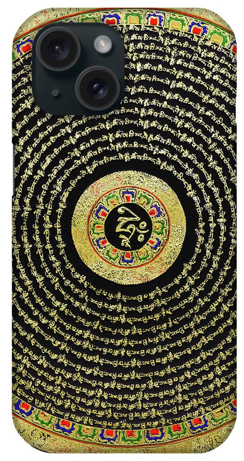 'treasures Of Tibet' Collection By Serge Averbukh iPhone Case featuring the digital art Tibetan Thangka - Om Mandala with Syllable Mantra over Black by Serge Averbukh