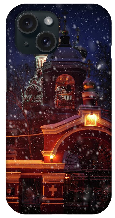 Jenny Rainbow Fine Art Photography iPhone Case featuring the photograph Tikhvin Church Gates. Snowy Days in Moscow by Jenny Rainbow