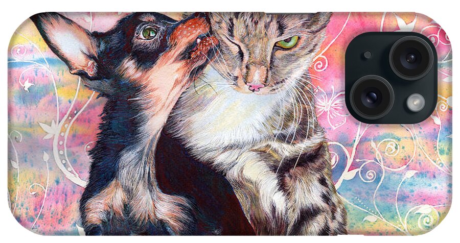 Dog Chihuahua Festival Fiesta Cat Feline Wild Cat Tabby Pet Animal Realistic Magic Magical Realism Hyperrealism Portrait iPhone Case featuring the painting Tito and the Fonz by Xavier Francois Hussenet