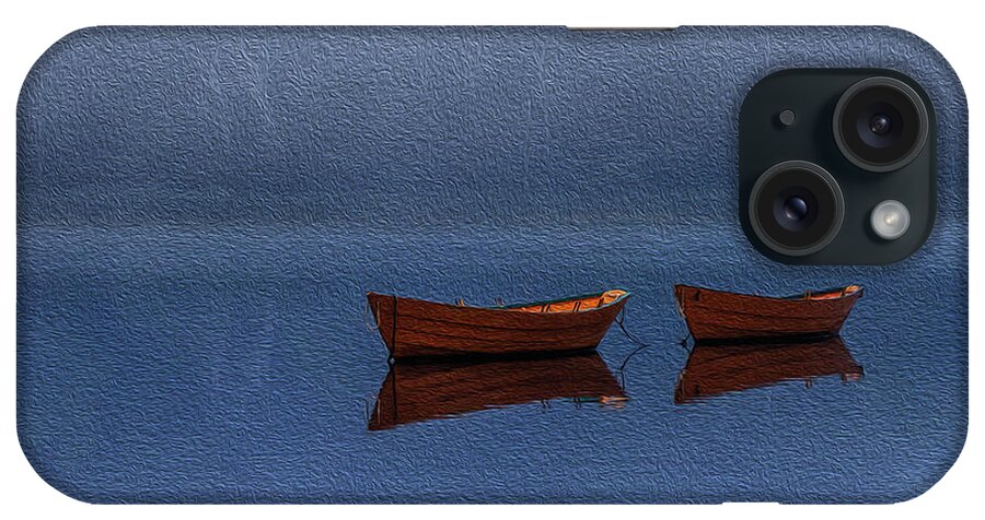 Dory; Boats; Amesbury; River; New England; Two; Duo; Relationship; Together; Inspiration; Inspire; Partnership; Orange; Calm; Still; Peaceful; Fog; Foggy; Mist; Isolate; Marriage; Togetherness; Tied; Ties; Port; Ocean; Mystery; Mysterious; Eerie; Rob Davies; Photography; Oil; Paint; Brush iPhone Case featuring the photograph Together by Rob Davies