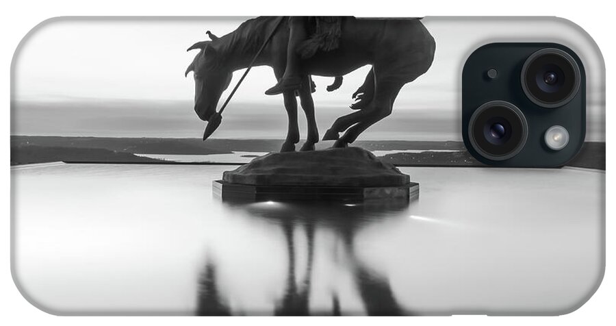 Missouri iPhone Case featuring the photograph Top of the Rock Native American Statue Silhouette Reflections BW by Gregory Ballos