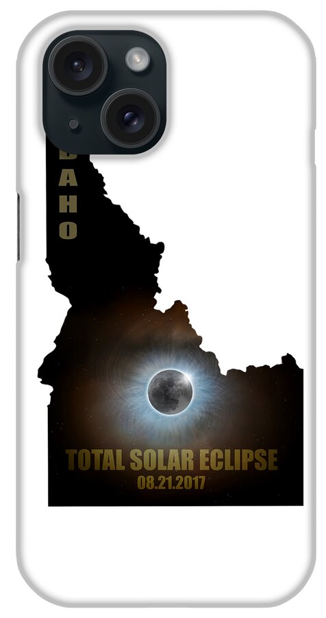 Idaho; State; Solar; Eclipse; Total; Corona; Crown; 2017; August 21st; Event; Full; Moon; Celestial; Space; Astrology; Astronomy; Sky; Lunar; Clouds; Outline; Map; Night; Evening; Rise; Moonrise; Weather; Nature; Stormy; Hemisphere; United States; Usa; North America iPhone Case featuring the digital art Total Solar Eclipse in Idaho Map Outline by David Gn