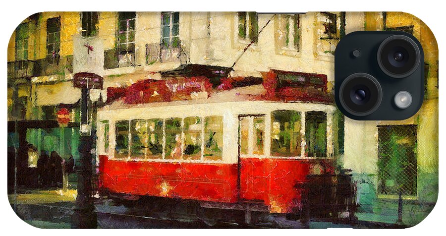 Painting iPhone 15 Case featuring the painting Tram in Lisbon by Dimitar Hristov
