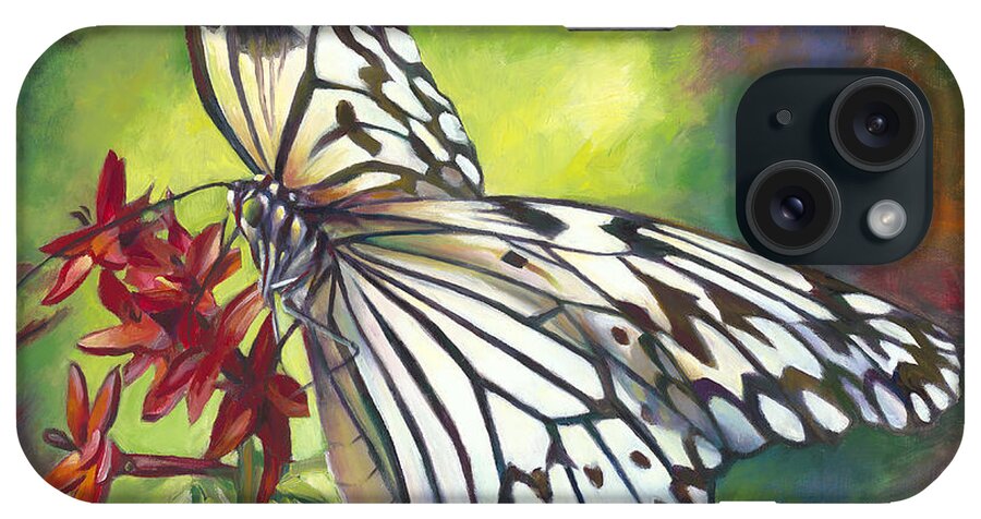 Oil Painting Of The Tree Nymph Butterfly On Red Star Flowers. This Butterfly Is White And Has Black Veins That Make The Butterfly Resemble Lace. The Background Is Soft Focus With Greens iPhone Case featuring the painting Tree Nymph Butterfly by Nancy Tilles
