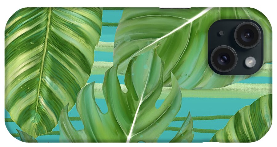 Tropical iPhone Case featuring the painting Tropical Leaf Striped Pattern Teal Turquoise Green by Audrey Jeanne Roberts