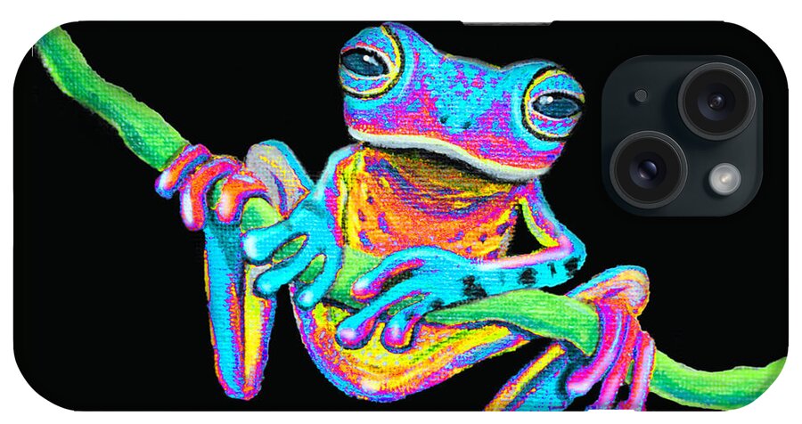 A Colorful Rainbow Frog On A Vine iPhone Case featuring the painting Tropical Rainbow frog on a vine by Nick Gustafson