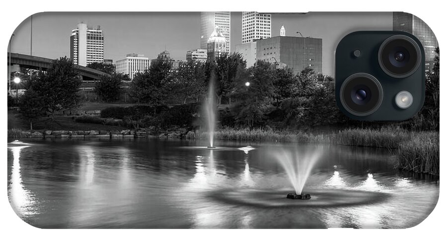 Tulsa Downtown iPhone Case featuring the photograph Tulsa Downtown Skyline Water Reflections - Black and White by Gregory Ballos