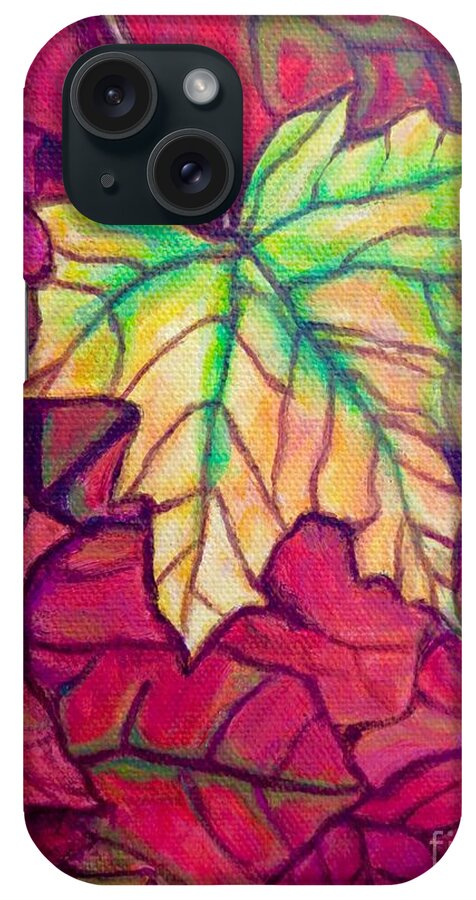 Nature Scene Detail Of A Golden Fall Maple Leaf Close-up View Acrylic Painting iPhone Case featuring the painting Turning Maple Leaf in the Fall by Kimberlee Baxter