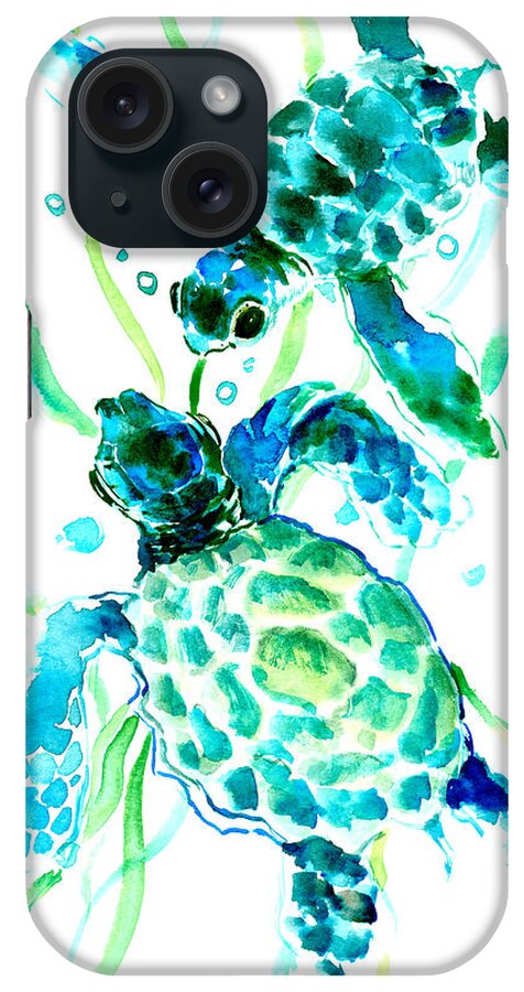 Sea Turtle iPhone Case featuring the painting Turquoise Indigo Sea Turtles by Suren Nersisyan