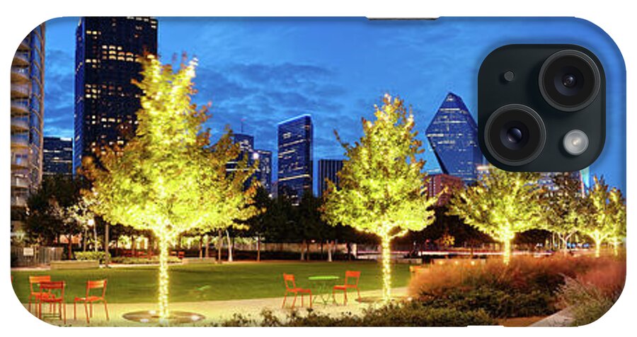 Downtown iPhone Case featuring the photograph Twilight Panorama of Klyde Warren Park and Downtown Dallas Skyline - North Texas by Silvio Ligutti
