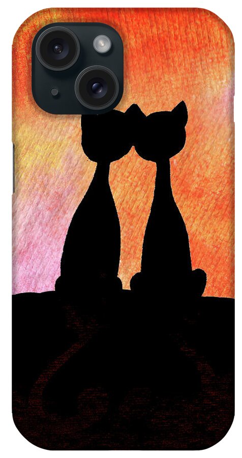 Cat iPhone Case featuring the painting Two Cats And Sunset Silhouette by Irina Sztukowski