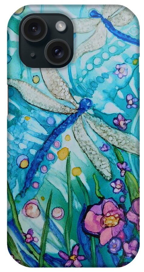 Bold Painting Of Two Dragon Flies In An Imaginary iPhone Case featuring the painting Two Dragon Flies in Shades of Purple and Blue by Joan Clear