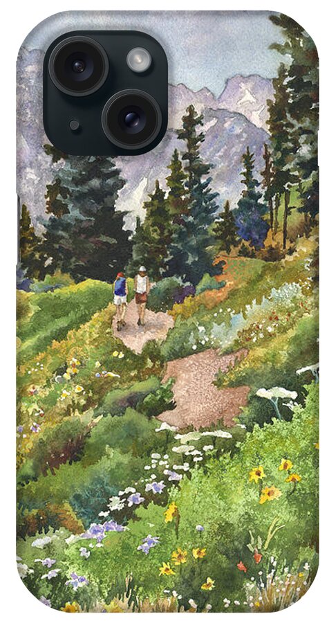 Colorado Hiking Trail Painting iPhone Case featuring the painting Two Hikers by Anne Gifford