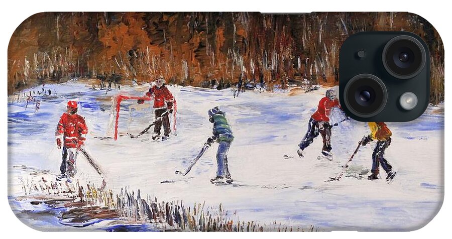 Hockey iPhone Case featuring the painting Two on Two on the Frozen Pond by Richard Jules