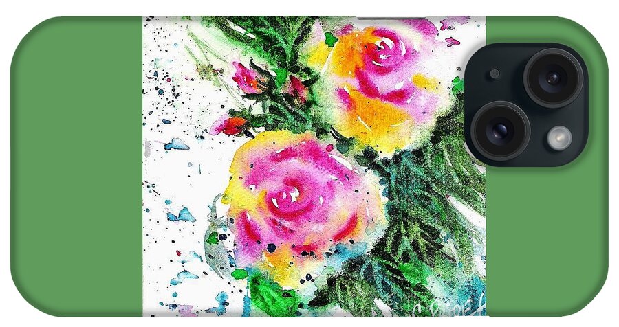 Cynthia Pride Watercolor Paintings iPhone Case featuring the painting Two Roses and their Buds by Cynthia Pride