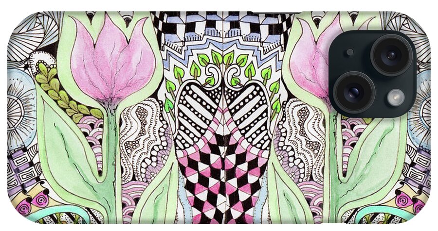 Tulips Flowers Watercolors Pen And Ink Zentangle Designs iPhone 15 Case featuring the painting Two Tulips by Ruth Dailey