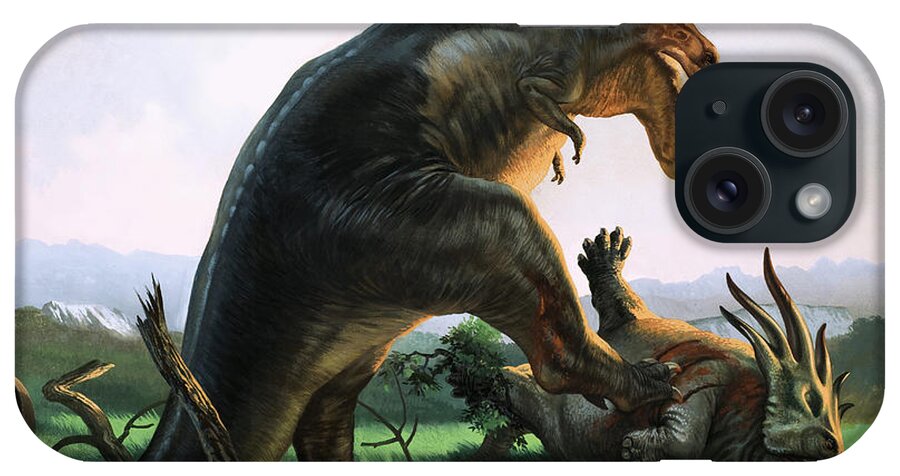 Dinosaur iPhone Case featuring the painting Tyrannosaurus Rex eating a Styracosaurus by William Francis Phillipps