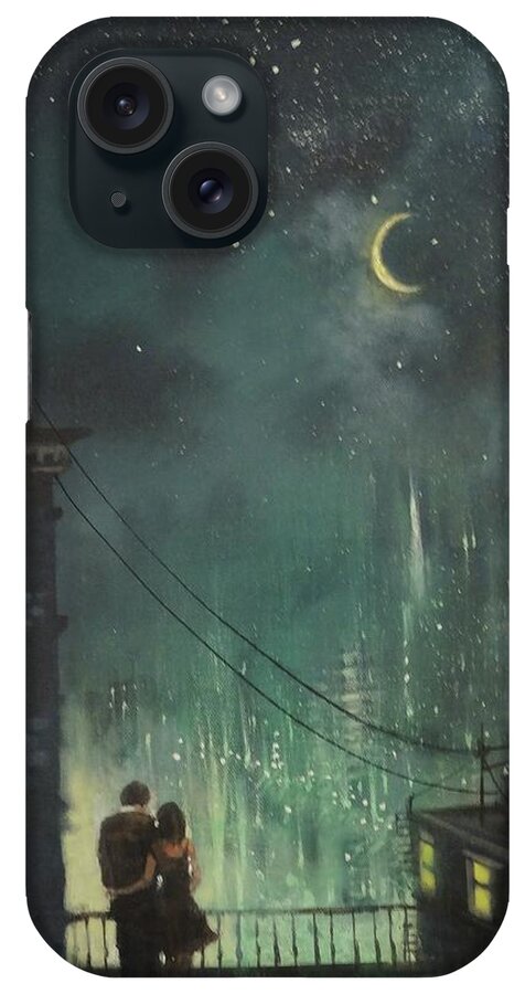 Up On The Roof; The Drifters; City Roof; Night City; Moon And Stars; Tom Shropshire Painting; City Lights; Crescent Moon; Couple On The Roof; Urban Landscape; Romance iPhone Case featuring the painting Up On The Roof by Tom Shropshire