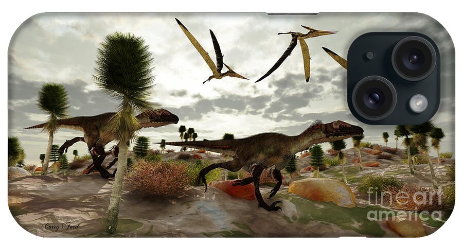 Utahraptor iPhone Case featuring the painting Utahraptor Hunt by Corey Ford