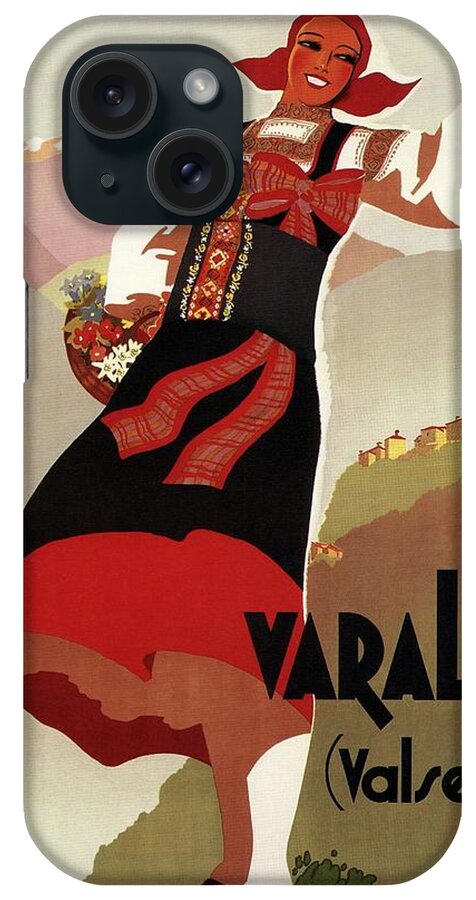 Varallo iPhone Case featuring the mixed media Varallo, Valsesia, Italy - Woman in Traditional Dress - Retro travel Poster - Vintage Poster by Studio Grafiikka