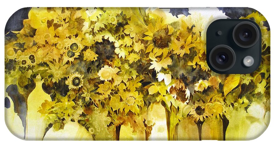 Yellow Flowers;sunflowers;vases;floral;contemporary Floral; iPhone Case featuring the painting Vases Full of Blooms  by Lois Mountz