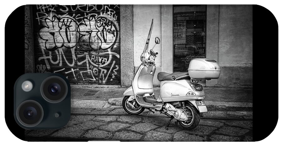 Vespa iPhone Case featuring the photograph Vespa Scooter in Milan Italy in Black and White by Carol Japp