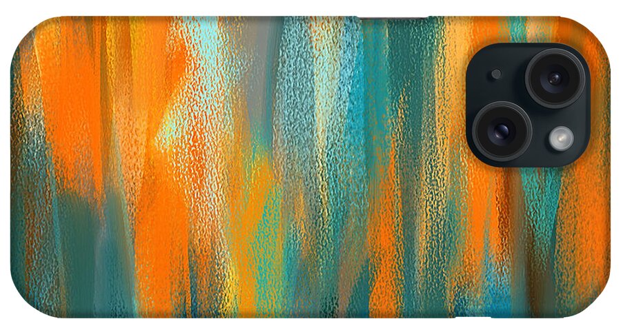 Turquoise And Orange iPhone Case featuring the painting Vibrant Blues - Turquoise and Orange Abstract Art by Lourry Legarde