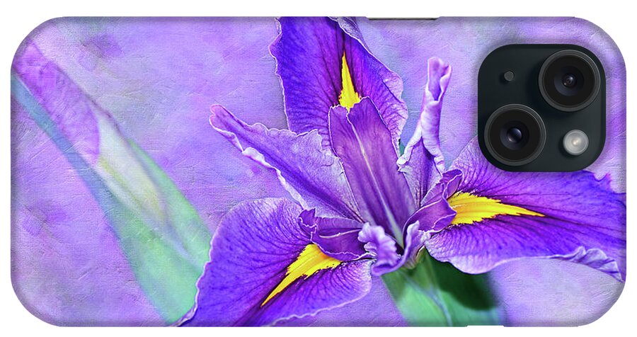 Vibrant Iris On Purple Bokeh iPhone Case featuring the photograph Vibrant Iris on Purple Bokeh by Kaye Menner by Kaye Menner