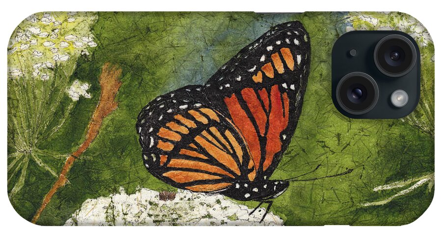 Butterfly iPhone Case featuring the painting Viceroy Butterfly on Queen Anne's Lace Watercolor Batik by Conni Schaftenaar