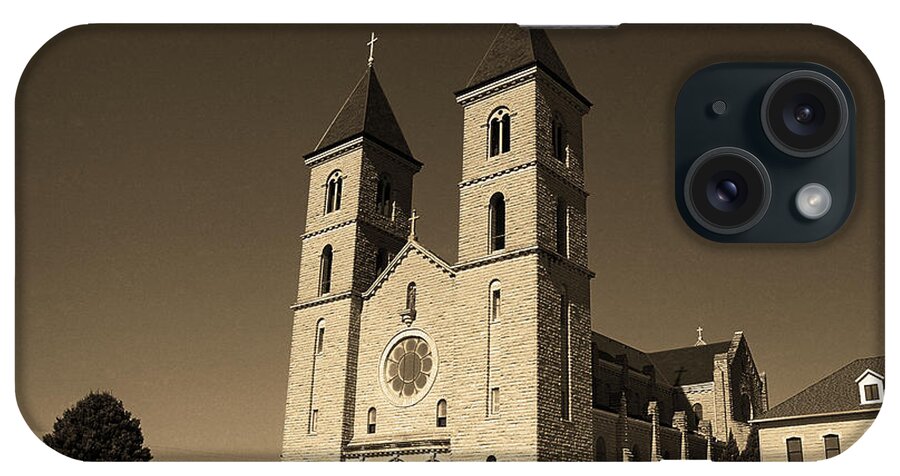 America iPhone Case featuring the photograph Victoria, Kansas - Cathedral of the Plains Sepia 6 by Frank Romeo