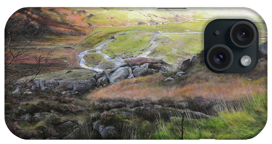Landscape iPhone Case featuring the painting View down the valley in Snowdonia. by Harry Robertson