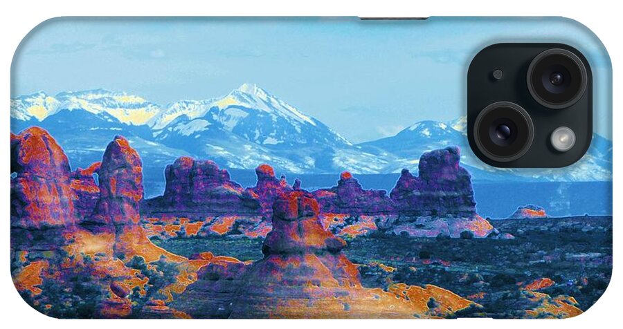 Viewing The La Sals From Arches iPhone Case featuring the digital art Viewing the La Sals from Arches by Annie Gibbons