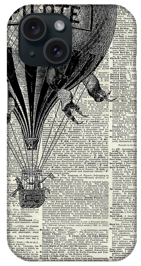 Vintage Hot Air Balloon iPhone Case featuring the digital art Vintage Hot Air Balloon Illustration,Antique Dictionary Book Page Design by Anna W