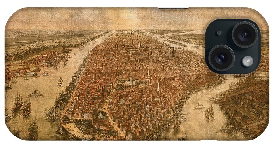 Map Of Manhattan iPhone Case featuring the mixed media Vintage Map of Manhattan New York City NYC Birds Eye View Schematic Circa 1865 on Worn Distressed Canvas by Design Turnpike