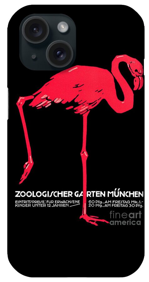 Vintage iPhone Case featuring the drawing Vintage Pink flamingo Munich Zoo travel ad by Heidi De Leeuw