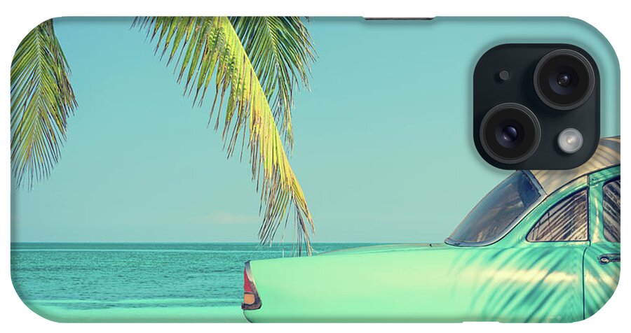 Car iPhone Case featuring the photograph Vintage summer, classic car on a beach by Delphimages Photo Creations