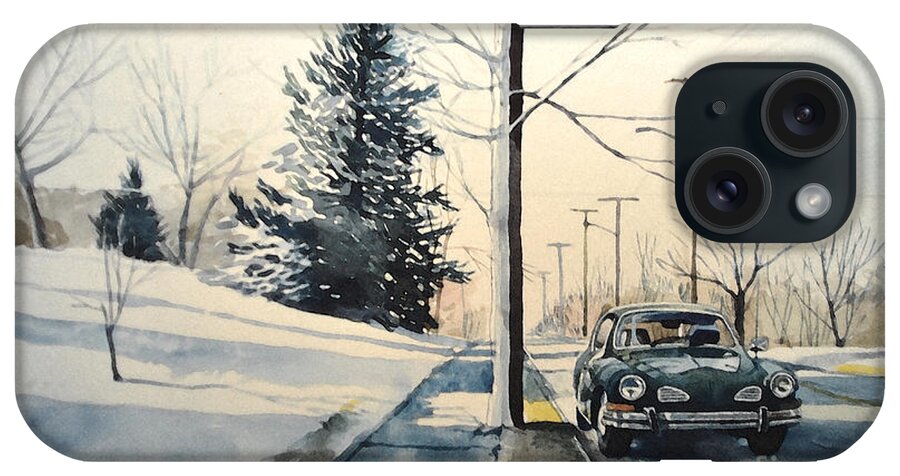 Volkswagen iPhone 15 Case featuring the painting Volkswagen Karmann Ghia on snowy road by Christopher Shellhammer