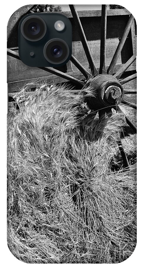 Wagon Wheel Cart Grain Crop Harvest Black White Monochrome iPhone Case featuring the photograph Wagon Wheel and Grain C2G 5772 by Ken DePue